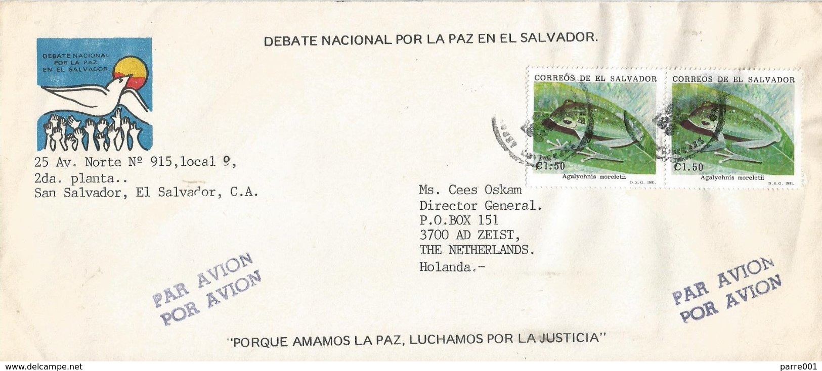 El Salvador 1991 San Salvador Morelet's Tree Frog Agalychnis Moreletii National Peace Dialogue Cover - El Salvador