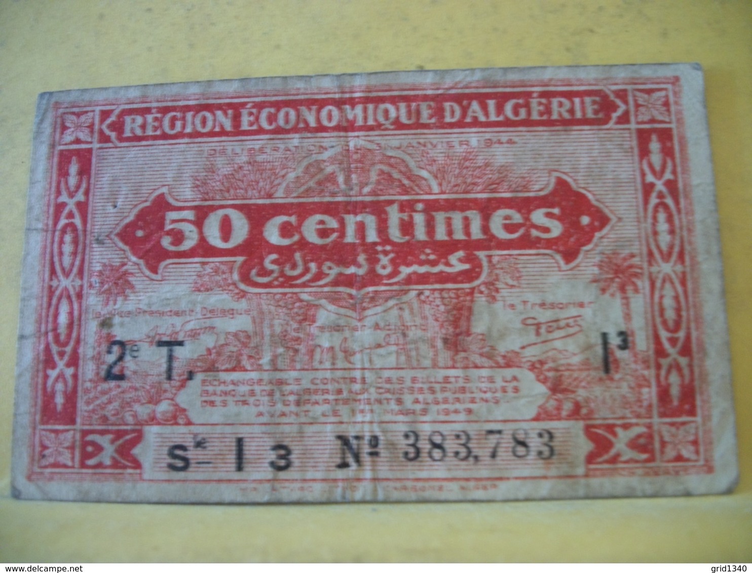 A 2437 REGION ECONOMIQUE D'ALGERIE 50 CENTIMES 2e T. SERIE I 3 N° 383,783 - Bons & Nécessité