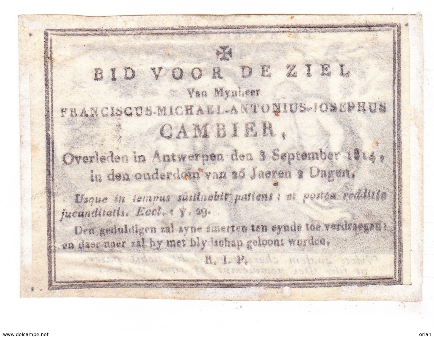 DP Franciscus Michael A. Cambier ° 1788 † Antwerpen 1814 / Gravure Galle - Devotion Images