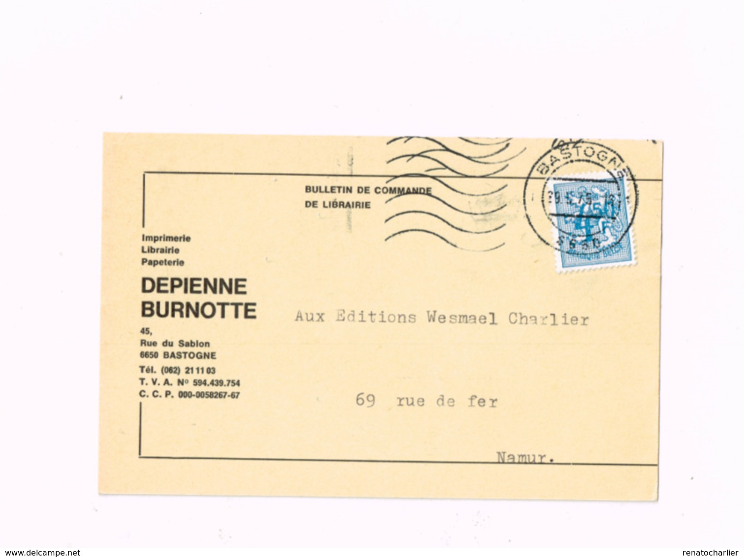 "Imprimerie Depienne Burnotte,Bastogne" Sur Carte De Bastogne à Namur. - 1951-1975 Heraldieke Leeuw