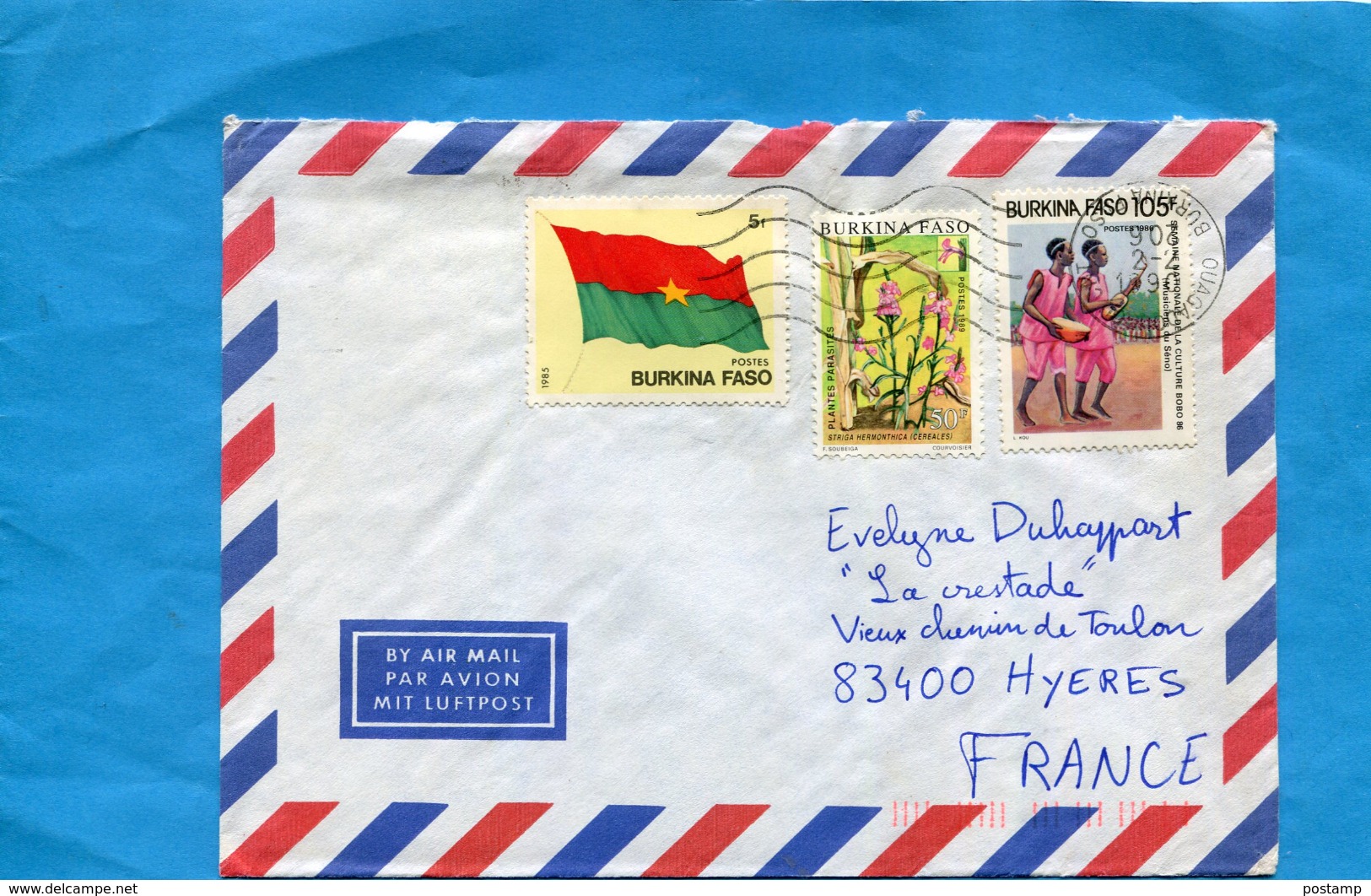 MARCOPHILIE-Lettre- BURKINA FASO>France Cad  1990-3-stamps-N°640 Drapeau+804- Plante Parasite-*culture - Burkina Faso (1984-...)