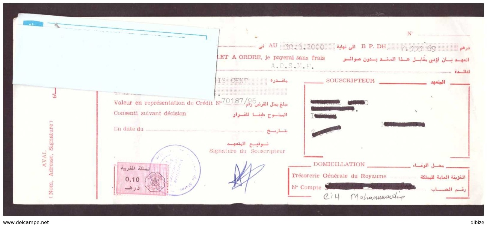 Maroc. Timbres Fiscaux De Quittance De 0.05 Et 0.10 Dirhams Sur 2 Billets à Ordre. 2 Traites 2000 Et 2002. - Maroc (1956-...)