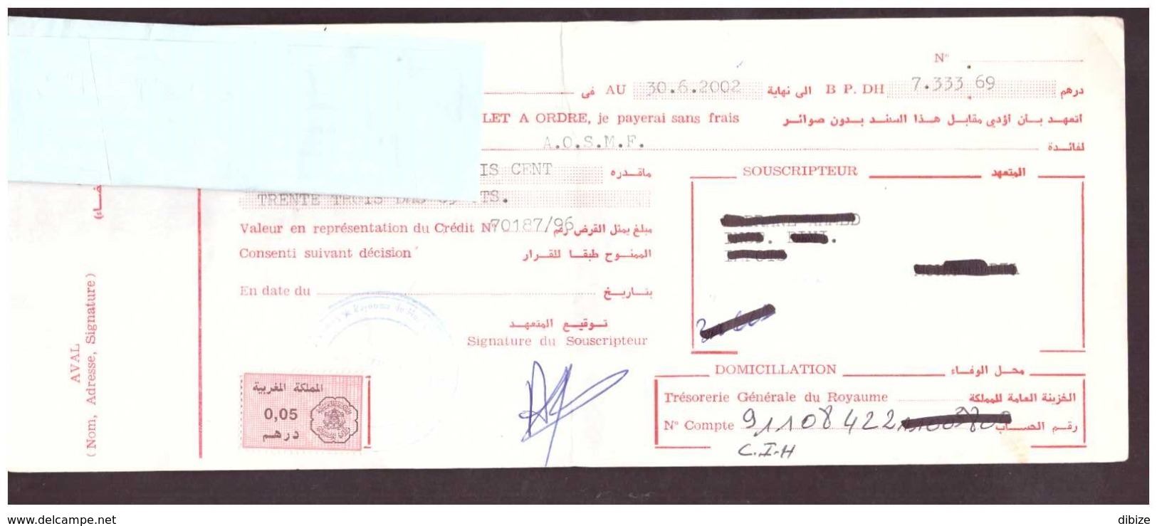 Maroc. Timbres Fiscaux De Quittance De 0.05 Et 0.10 Dirhams Sur 2 Billets à Ordre. 2 Traites 2000 Et 2002. - Maroc (1956-...)