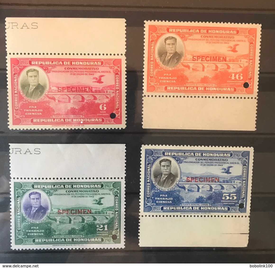 HONDURAS 1937 Set Of 4v Birds Condor Presidential Commemoration With Specimen Ovpt And Pinch Hole MNH - Other & Unclassified