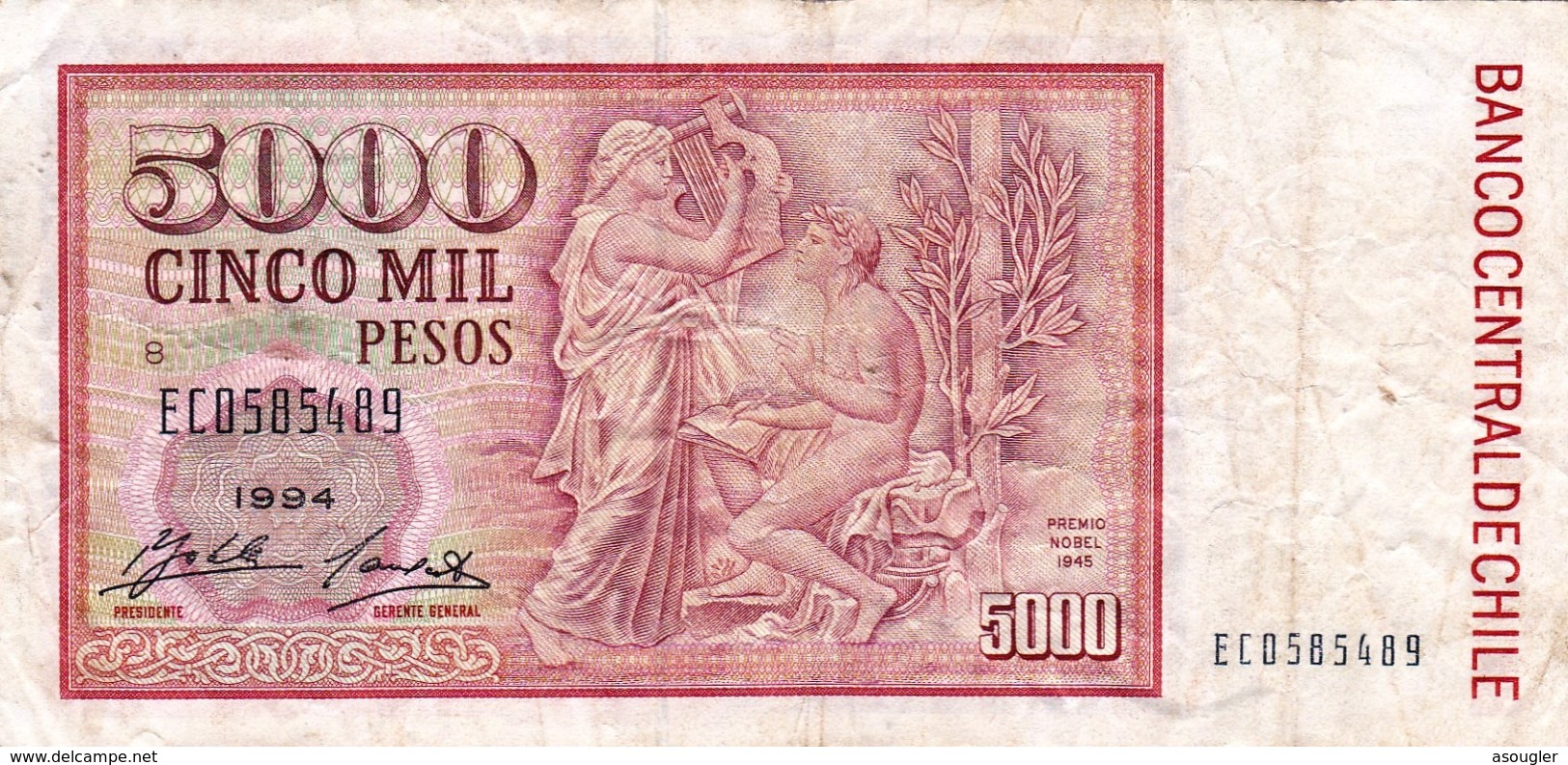 CHILE 5000 PESOS 1994 F-VF P-155d "free Shipping Via Registered Air Mail" - Chile
