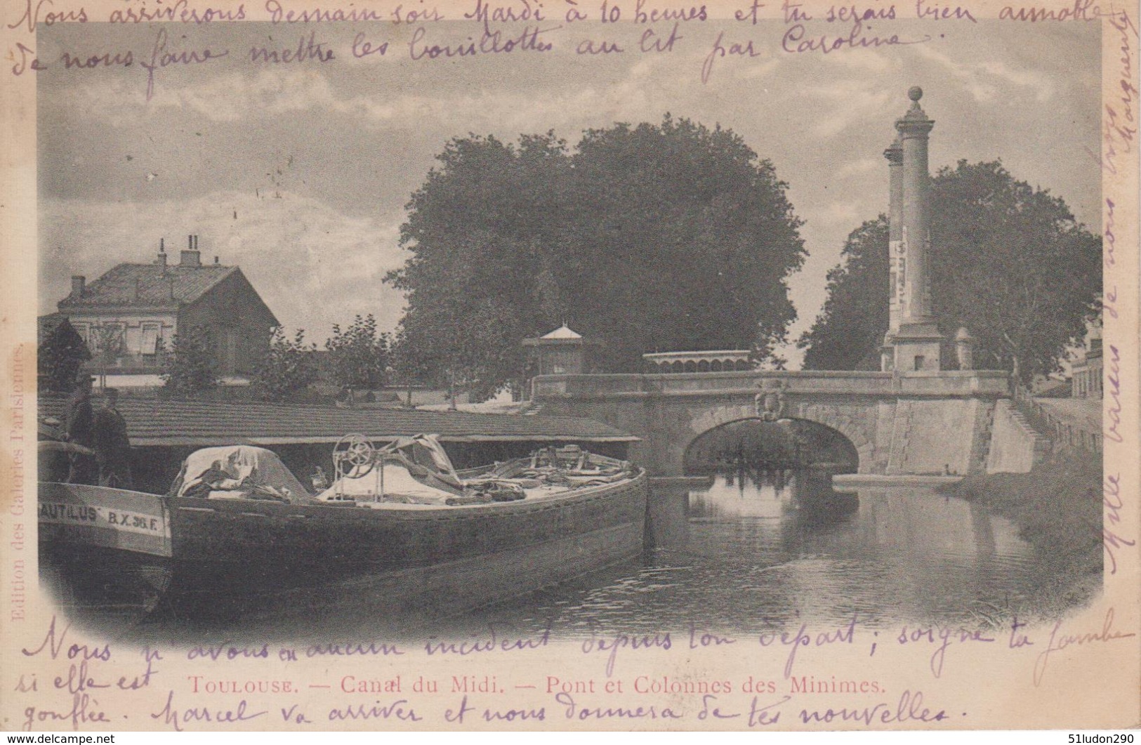 CPA Précurseur Toulouse - Canal Du Midi - Pont Et Colonnes Des Minimes (animation Avec Péniche En Beau Plan) - Toulouse