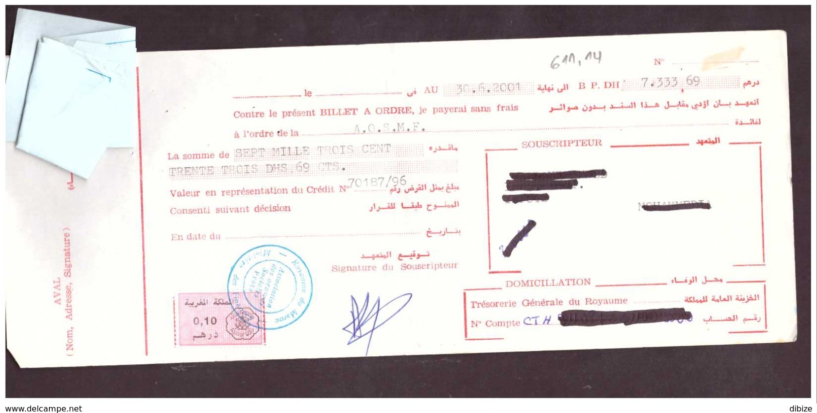 Maroc. Timbres Fiscaux De Quittance De  0.10 Dirhams Sur 2 Billets à Ordre. 2 Traites 2000 Et 2001. - Maroc (1956-...)