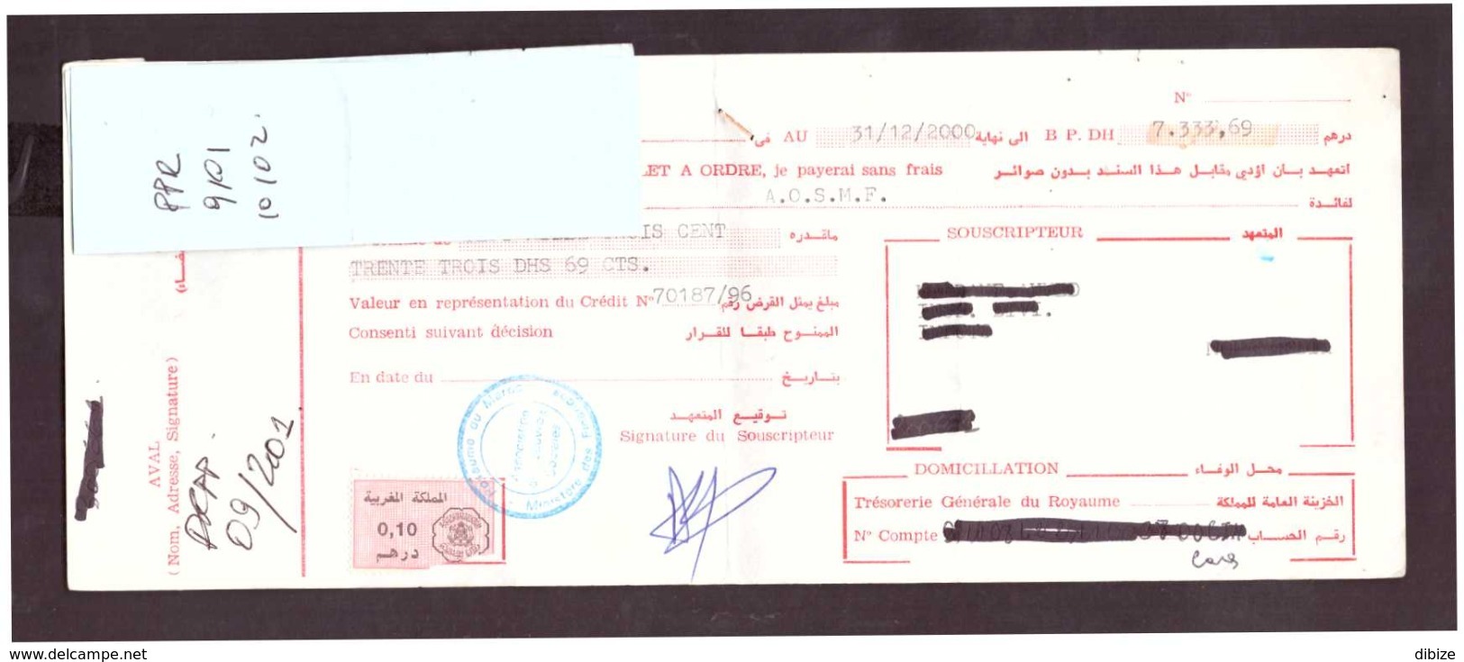 Maroc. Timbres Fiscaux De Quittance De  0.10 Dirhams Sur 2 Billets à Ordre. 2 Traites 2000 Et 2001. - Marruecos (1956-...)