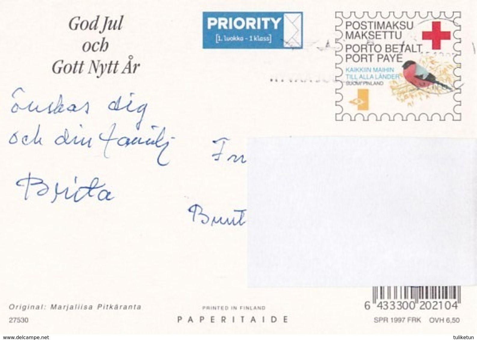 Postal Stationery - Birds - Bullfinches - Elves Bringing Presents - Red Cross 1997 - Suomi Finland - Postage Paid - Postal Stationery