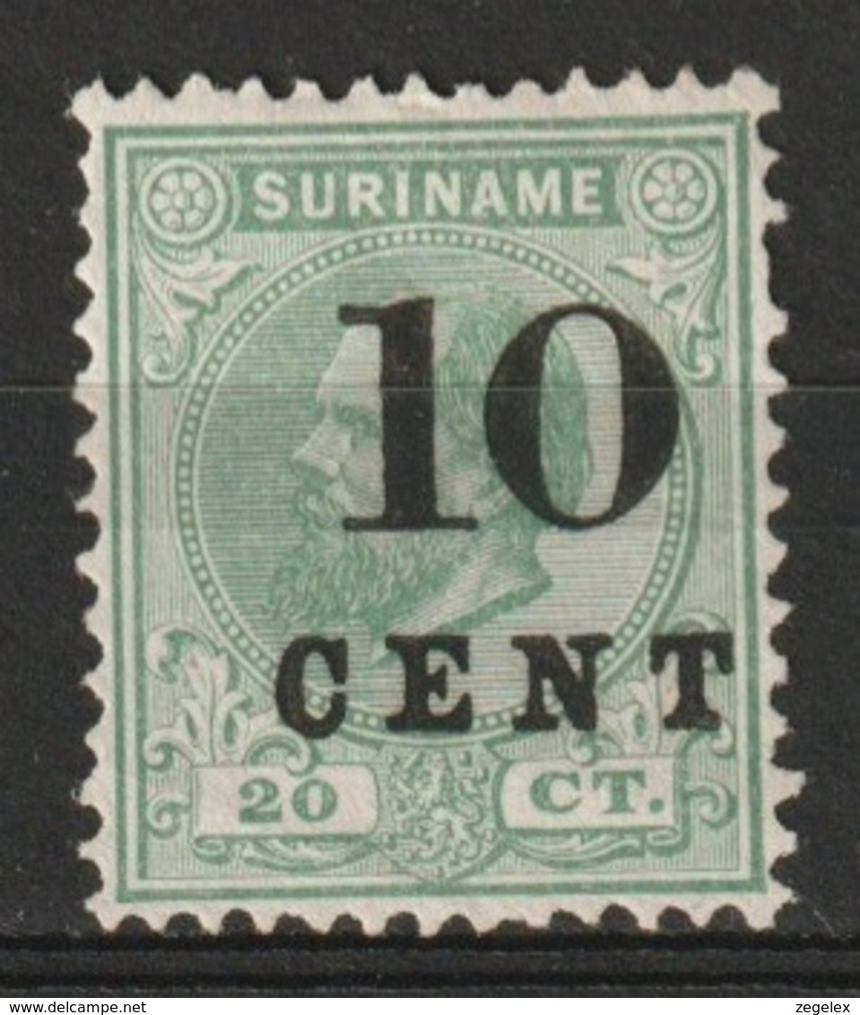 Suriname 1898 Wilhelmina 10ct On 20ct.  NVPH 31 Ongestempeld Met Plakker - Hinged - Suriname ... - 1975