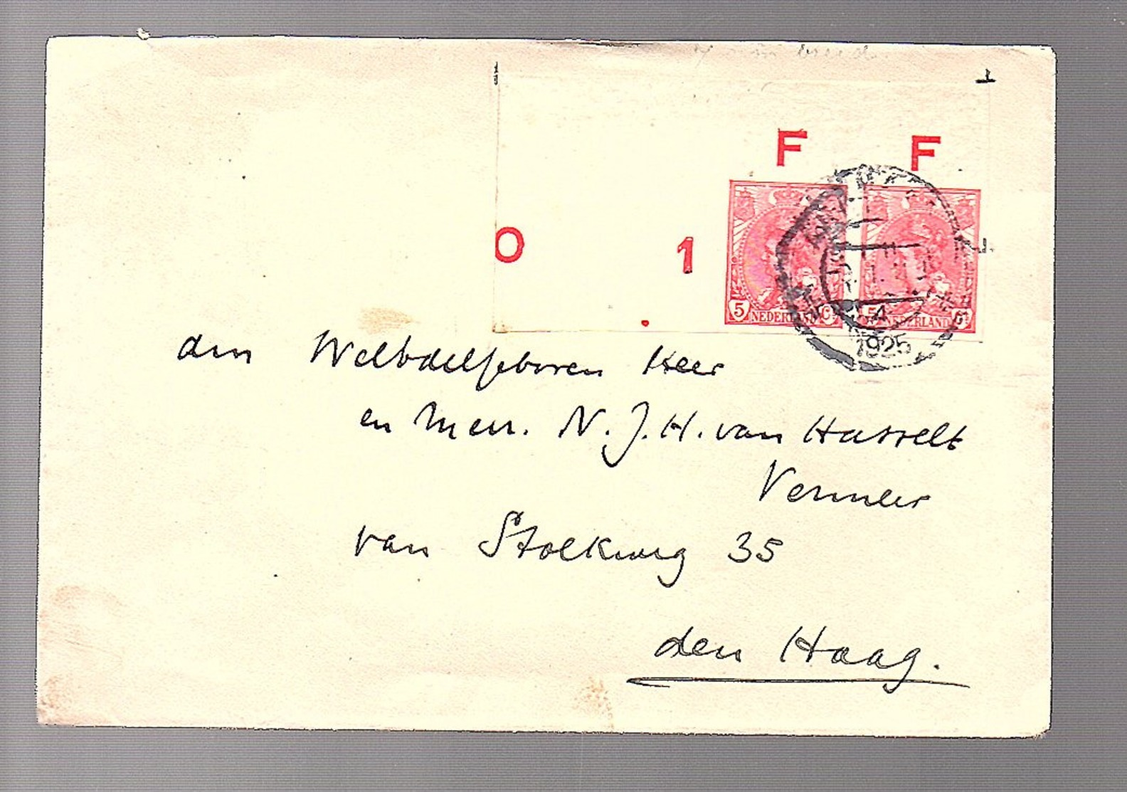 1925 IMPERFORATED Pair With ‘0’ At Far Left > N.J.H. Van Hasselt Vermeer Stolkweg 35 Den Haag (FG-42) - Brieven En Documenten