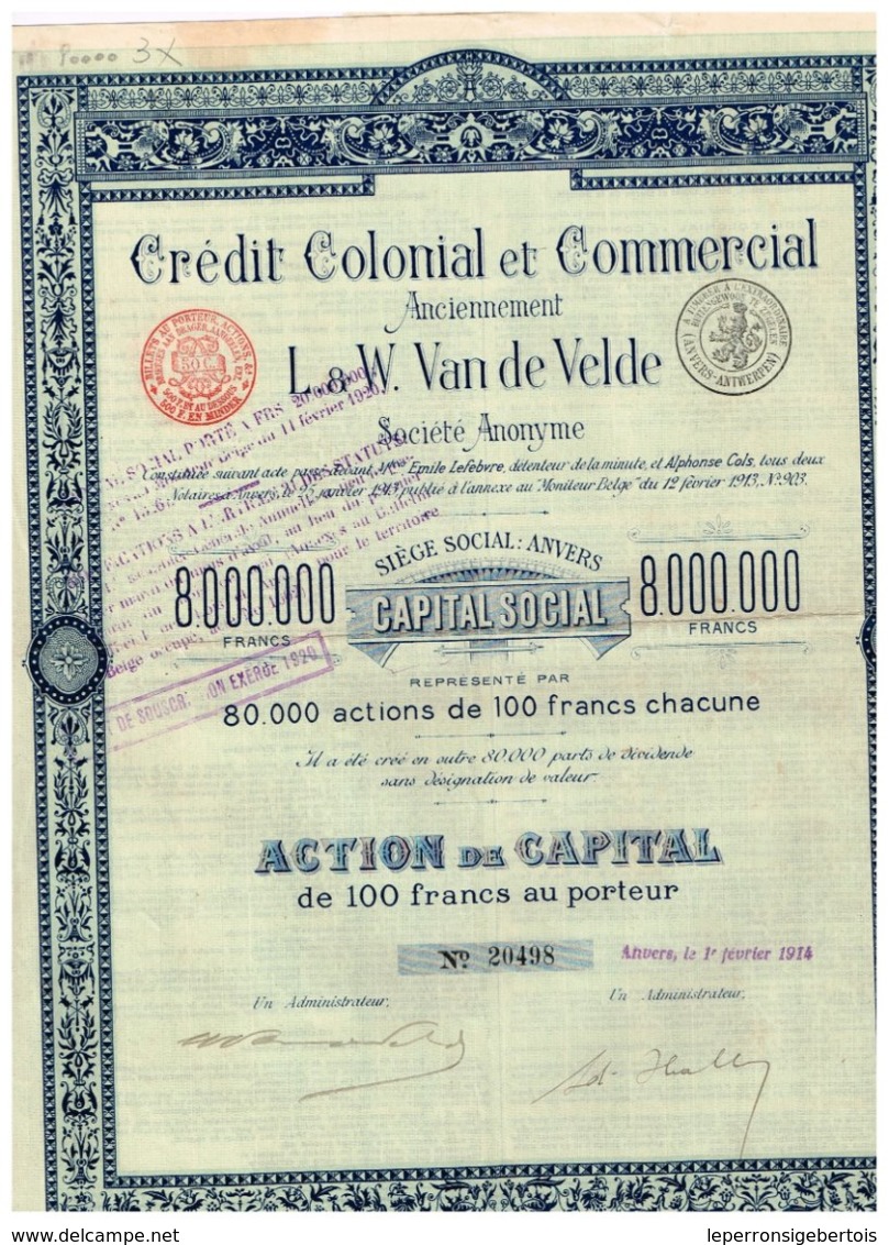 Titre Ancien - Crédit Colonial Et Commercial - Anciennement L & W Van De Velde - Titre De 1914 - N° 20498 - Banque & Assurance