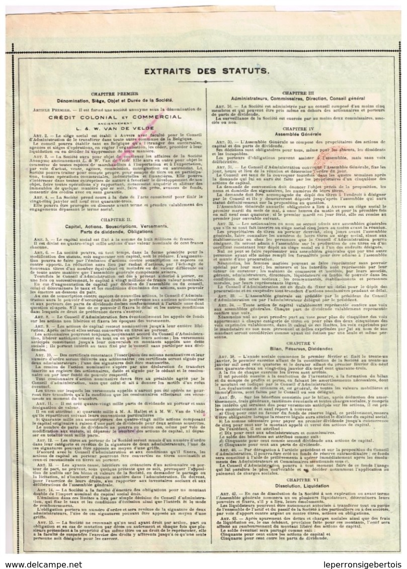 Titre Ancien - Crédit Colonial Et Commercial - Anciennement L & W Van De Velde - Titre De 1914 - N° 20498 - Banque & Assurance