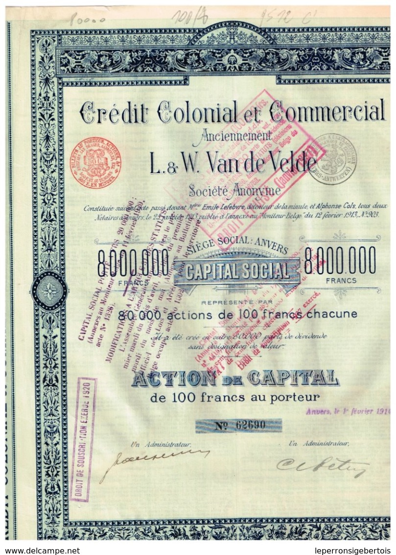 Titre Ancien - Crédit Colonial Et Commercial - Anciennement L & W Van De Velde - Titre De 1914 - N° 62690 - Bank En Verzekering