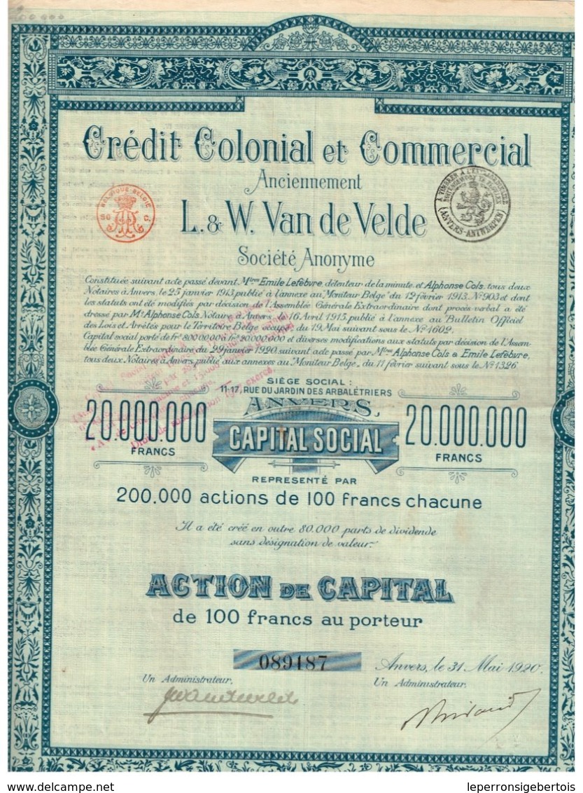 Titre Ancien - Crédit Colonial Et Commercial - Anciennement L & W Van De Velde - Titre De 1920 - N° 089187 - Banque & Assurance