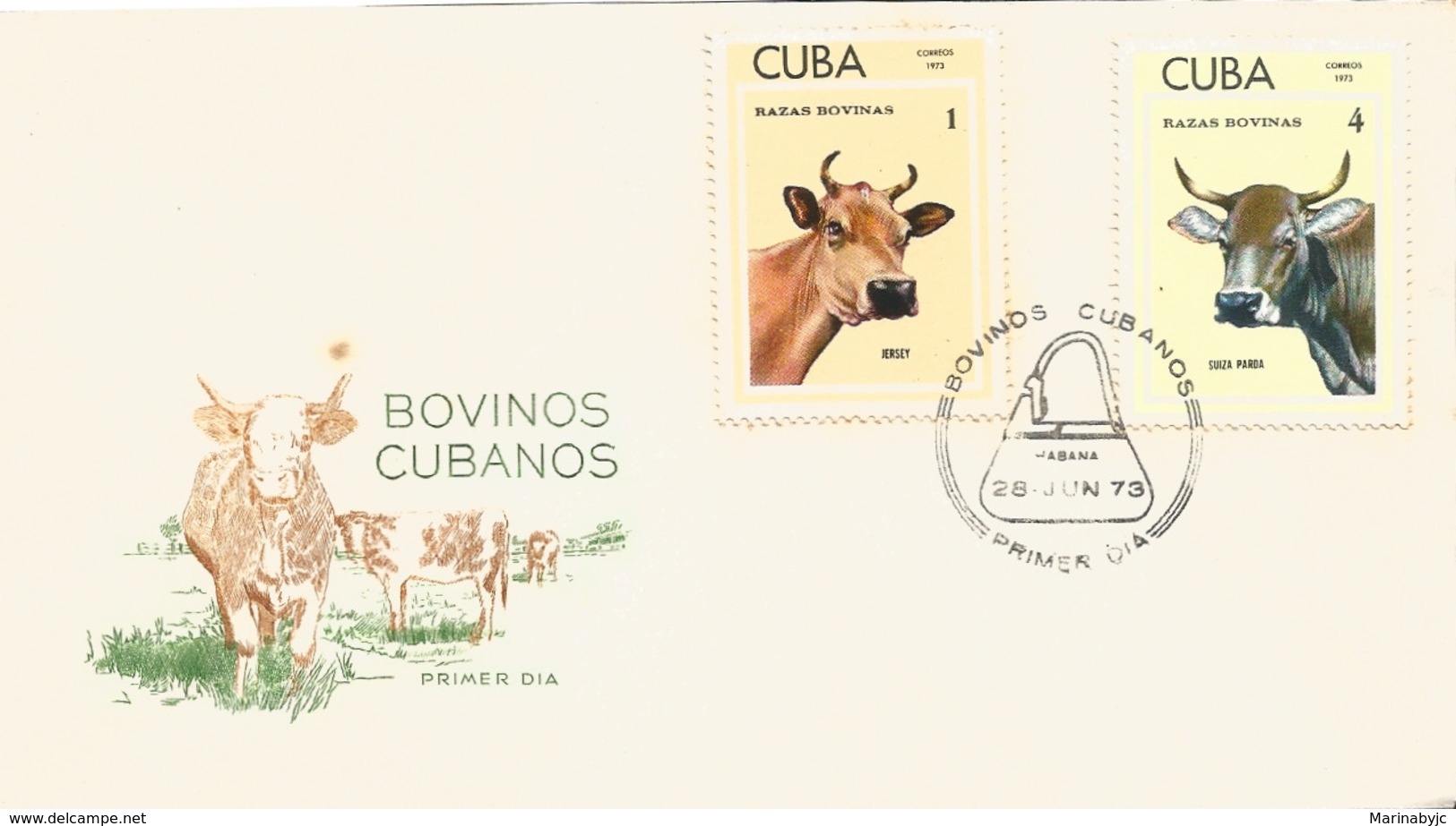 V) 1973 CARIBBEAN, CUBAN CATTLE'S, RACES, JERSEY, SWISS ,WITH SLOGAN CANCELATION IN BLACK, FDC - Lettres & Documents