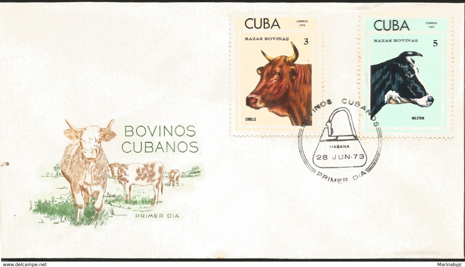 V) 1973 CARIBBEAN, CUBAN CATTLE'S, RACES, CREOLE,  HOLSTEIN ,WITH SLOGAN CANCELATION IN BLACK, FDC - Lettres & Documents