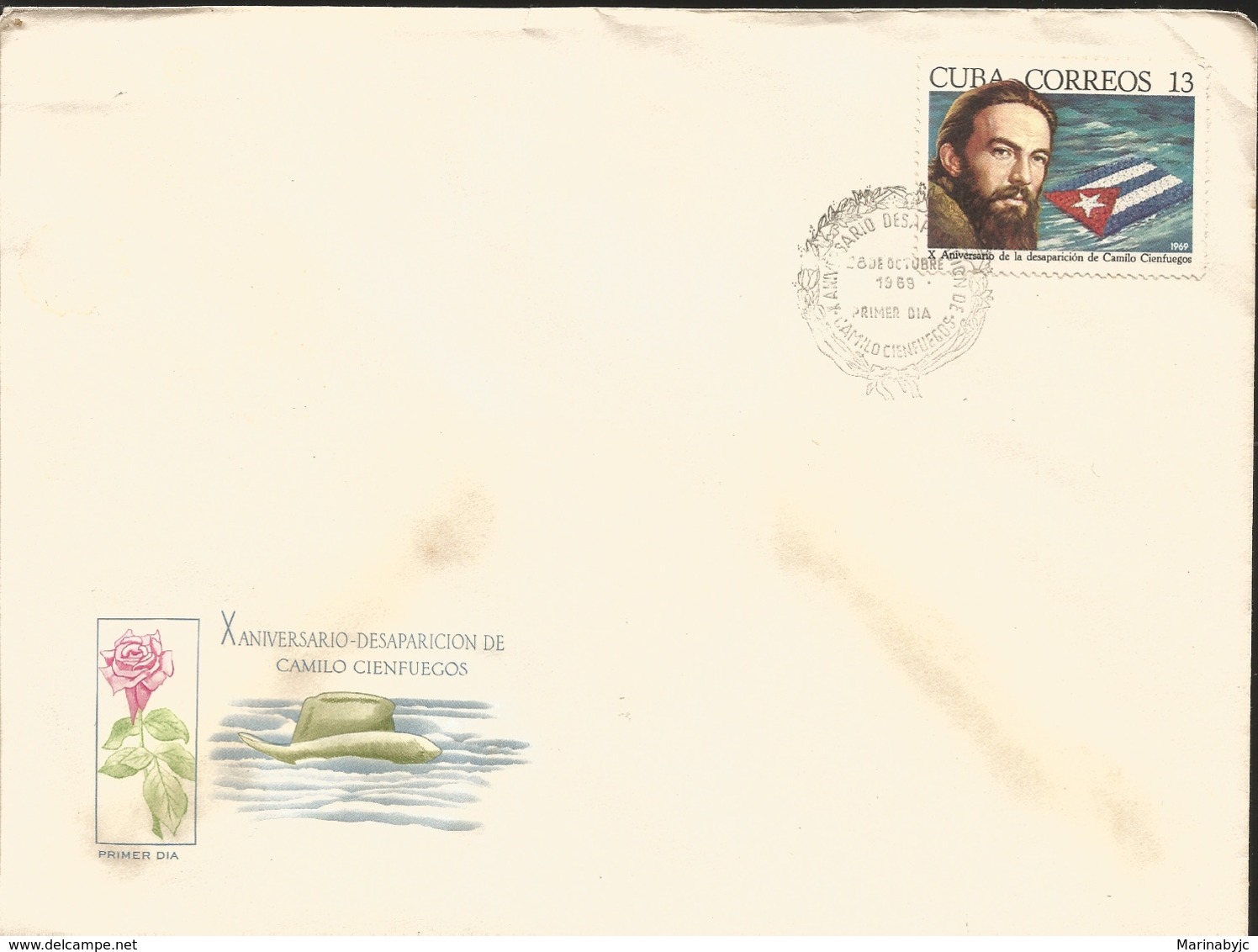 V) 1969 CARIBBEAN, DISAPPEARANCE OF MAJ. CAMILO CIENFUEGOS, 10TH ANNIVIVERSARY, WITH SLOGAN CANCELATION IN BLACK, FDC - Covers & Documents