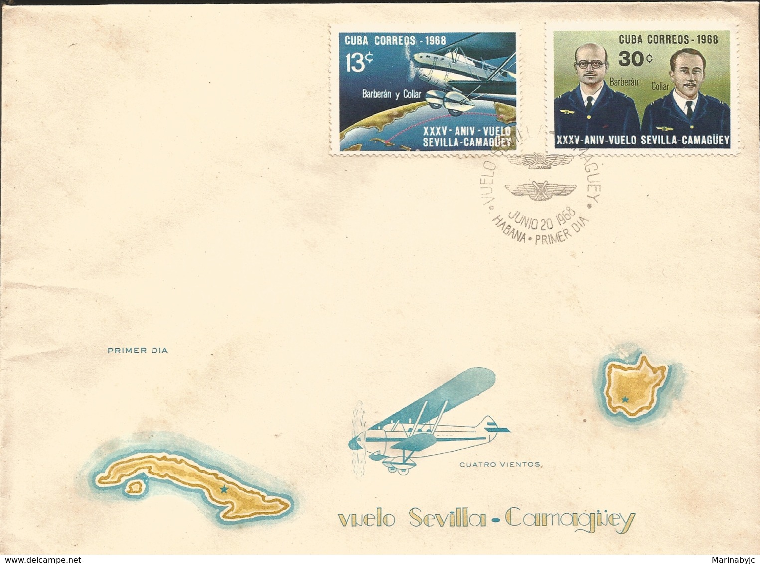 V) 1968 CARIBBEAN, SEVILLE-CAMAGUEY FLIGHT, 35TH ANNIVERASARY, WITH SLOGAN CANCELATION IN BLACK, FDC - Lettres & Documents