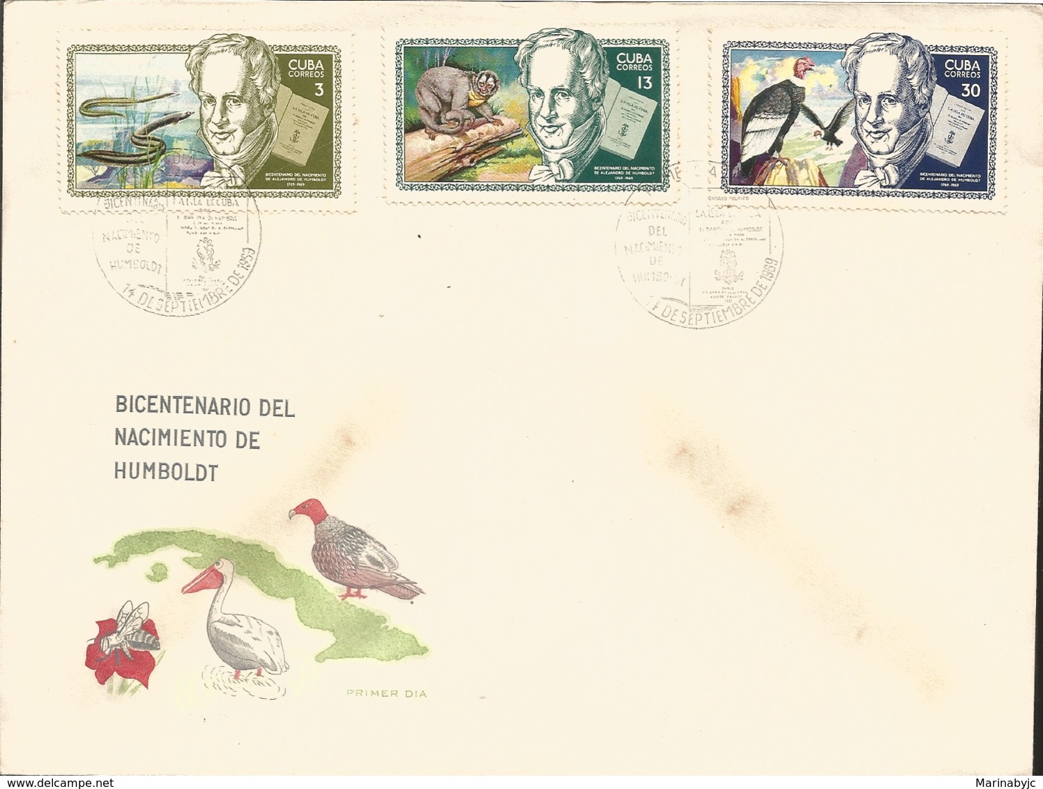 RV) 1969 CARIBBEAN, ALEXANDER VON HUMBOLDT, GERMAN NATURALIST, SURINAM EEL, NIGHT APE, CONDORS, WITH - Storia Postale