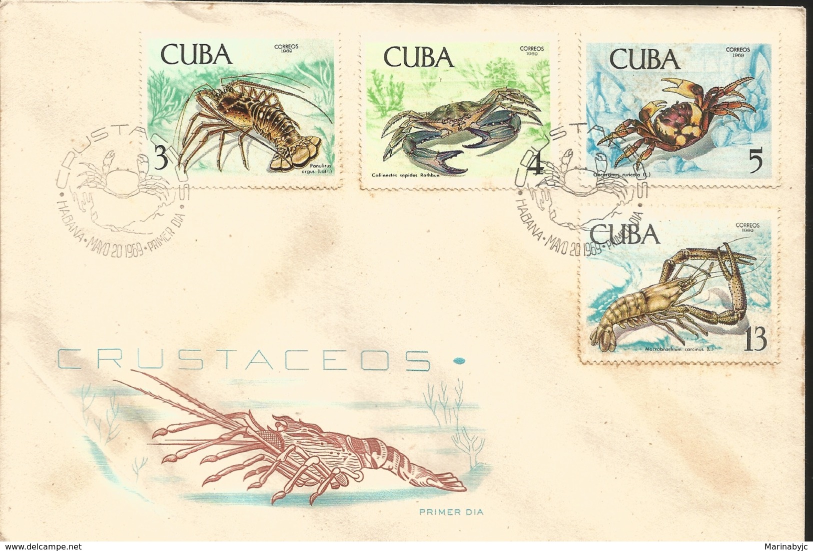 V) 1969 CARIBBEAN, CRUSTACEAN, MARINE LIFE, PANULIRUS ARGUS, CALLINECTES SAPIDUS, GECARCINUS RURICOLA, MACROBRACHIUM CAR - Storia Postale