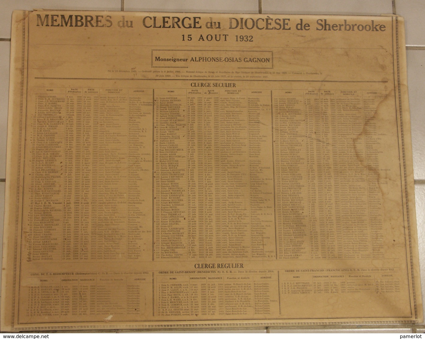 P. Quebec, Historique -Recensement  Religieux  Du Diocese De Sherbrooke Le 15 Aout 1932 - 57cm X 45cm - Documentos Históricos