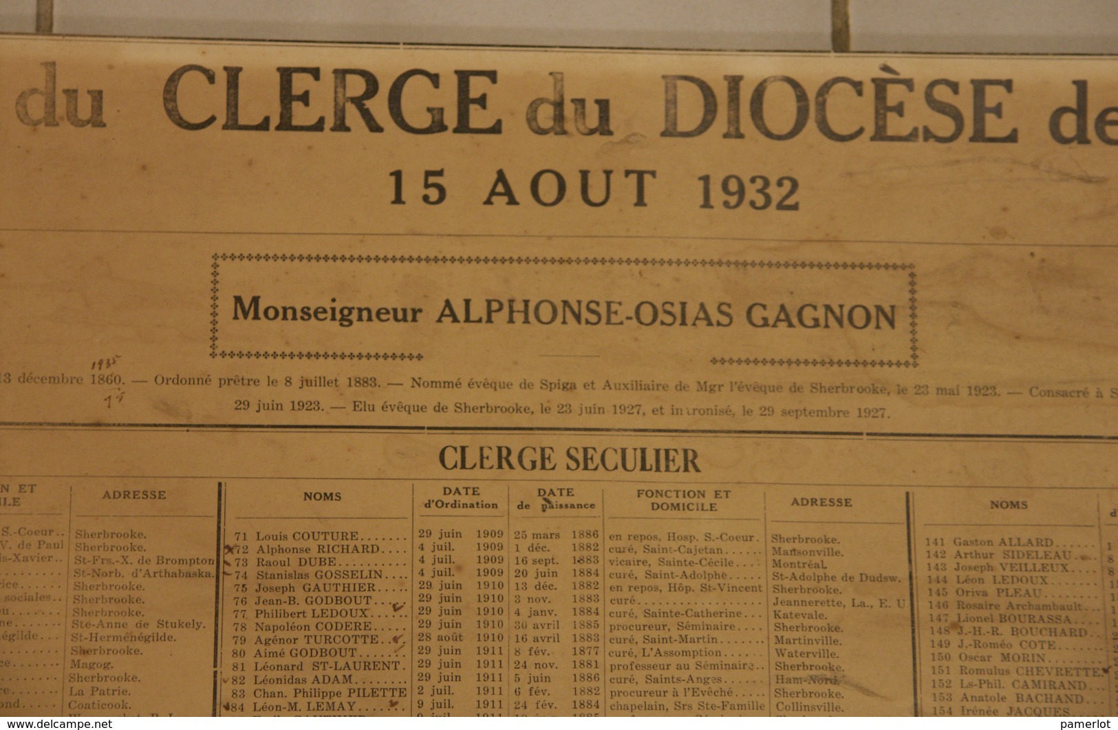 P. Quebec, Historique -Recensement  Religieux  Du Diocese De Sherbrooke Le 15 Aout 1932 - 57cm X 45cm - Documentos Históricos