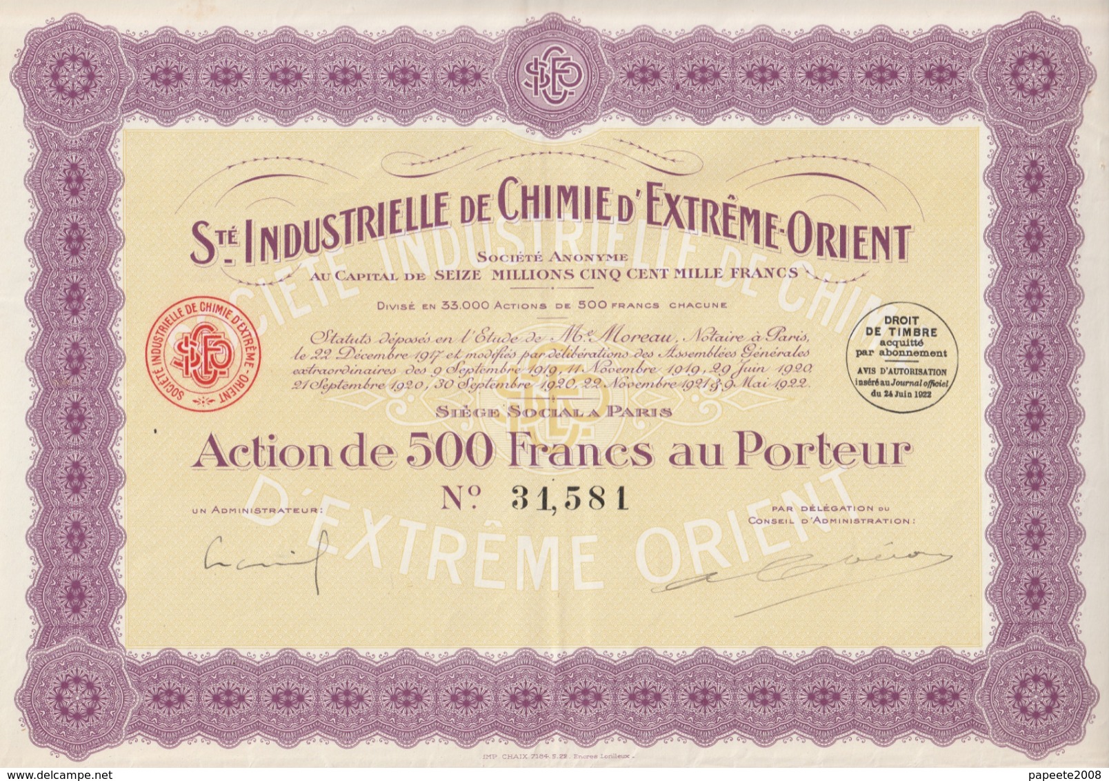 Indochine - Société Industrielle De Chimie D'Extrême-Orient - Action De 500 F / 1922 - Asien