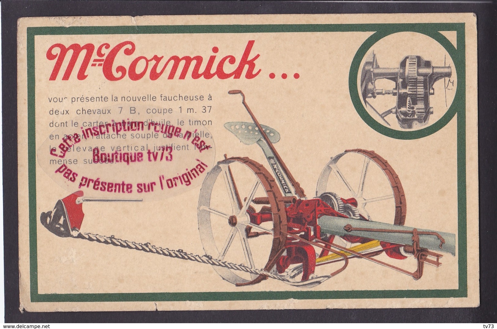 Q1588 - CARTE PUB POUR LA FAUCHEUSE 7 B 1m35 " MAC CORMICK " - Tracteur - Reclame