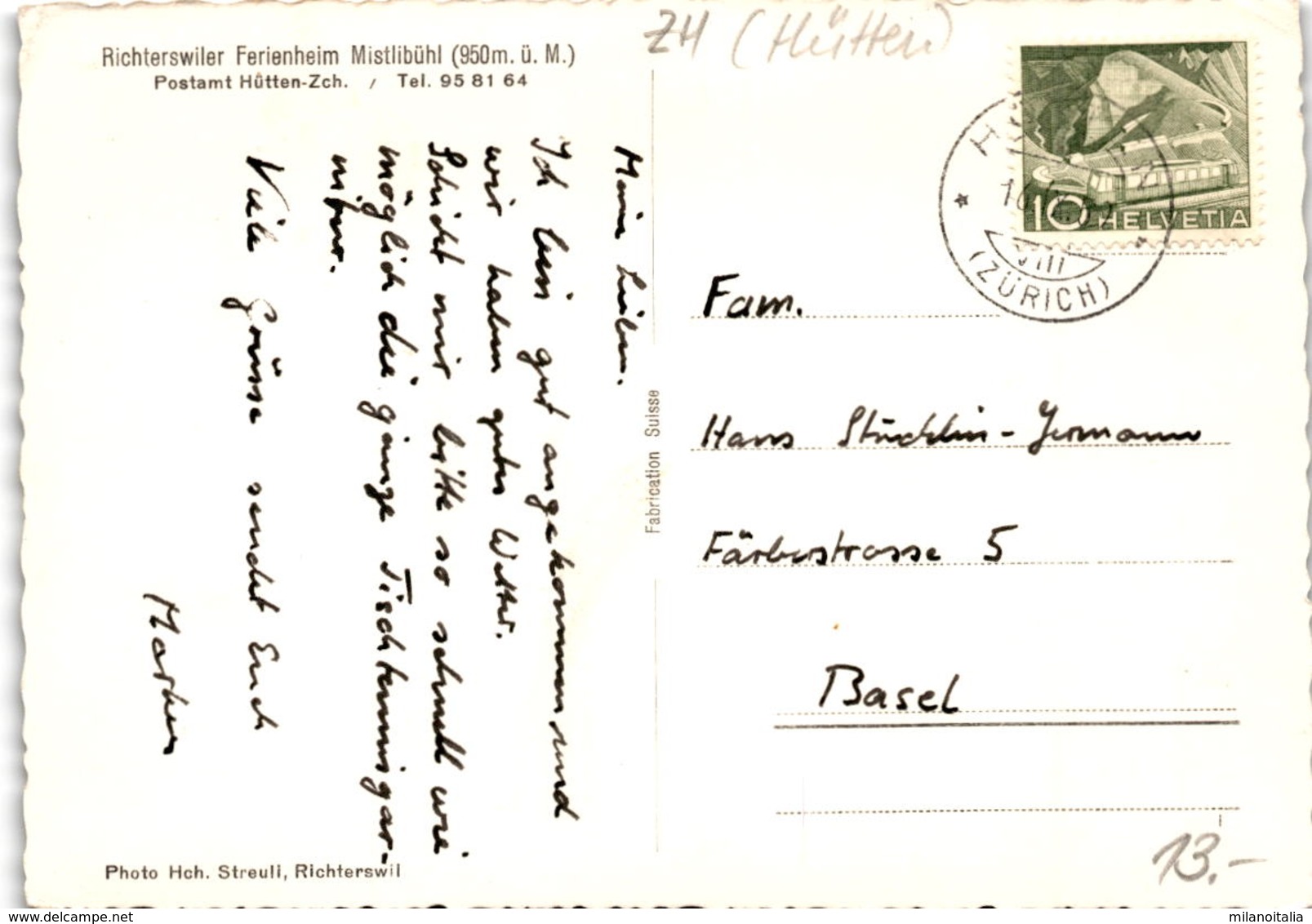 Richterswiler Ferienheim "Mistlibühl" - Postamt Hütten-Zch. * 16. 9. 1959 - Hütten