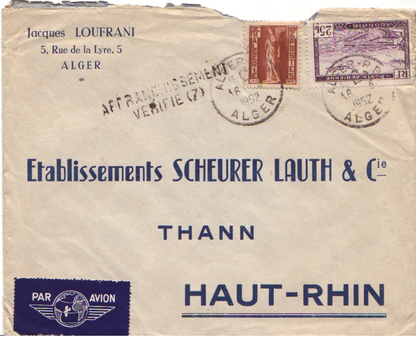 ALGERIE : 1952 - Lettre Commerciale Par Avion Pour La France - AFFRANCHISSEMENT VERIFIE - Lettres & Documents