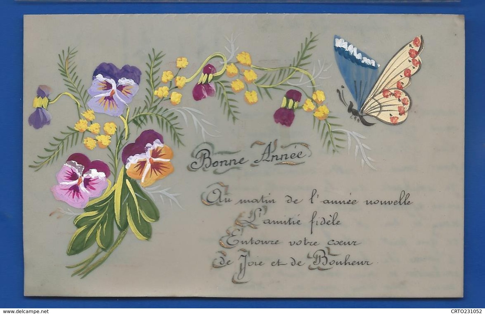 Carte En Celluloid   Peint à La Main  Bonne Année      Fleurs  Et Papillon  écrite En 1917 - Autres & Non Classés