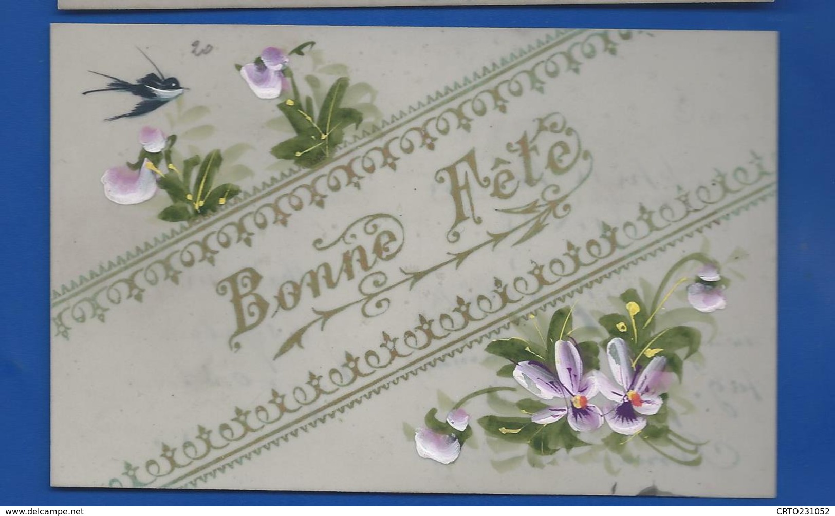 Carte En Celluloid   Peint à La Main   Bonne Fête Fleurs Et Hirondelle - Altri & Non Classificati