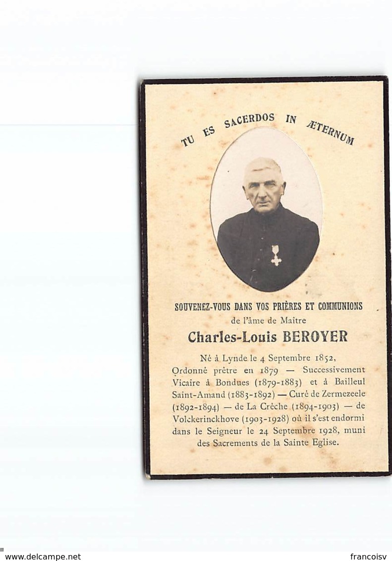 Charles-Louis Beroyer. Lynde 1852 Pretre à Bondues Zermezeele Bailleul La Creche Volckerinckhove. Image Pieuse Mortuaire - Devotion Images