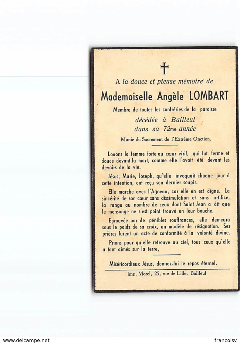 Angele Lombart  Decedée à Bailleul . Image Pieuse Mortuaire - Images Religieuses