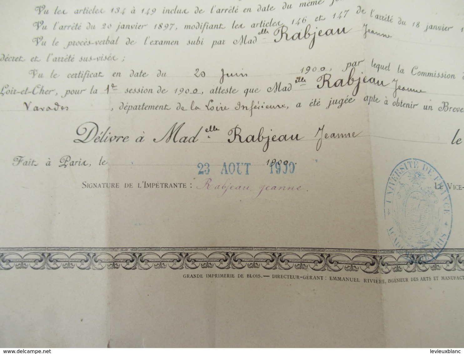 RF/Académie De Paris/Loir Et Cher/ Brevet De Capacité Pour L'Enseignement Primaire/INSTITUTRICES/1900       DIP215 - Diplômes & Bulletins Scolaires