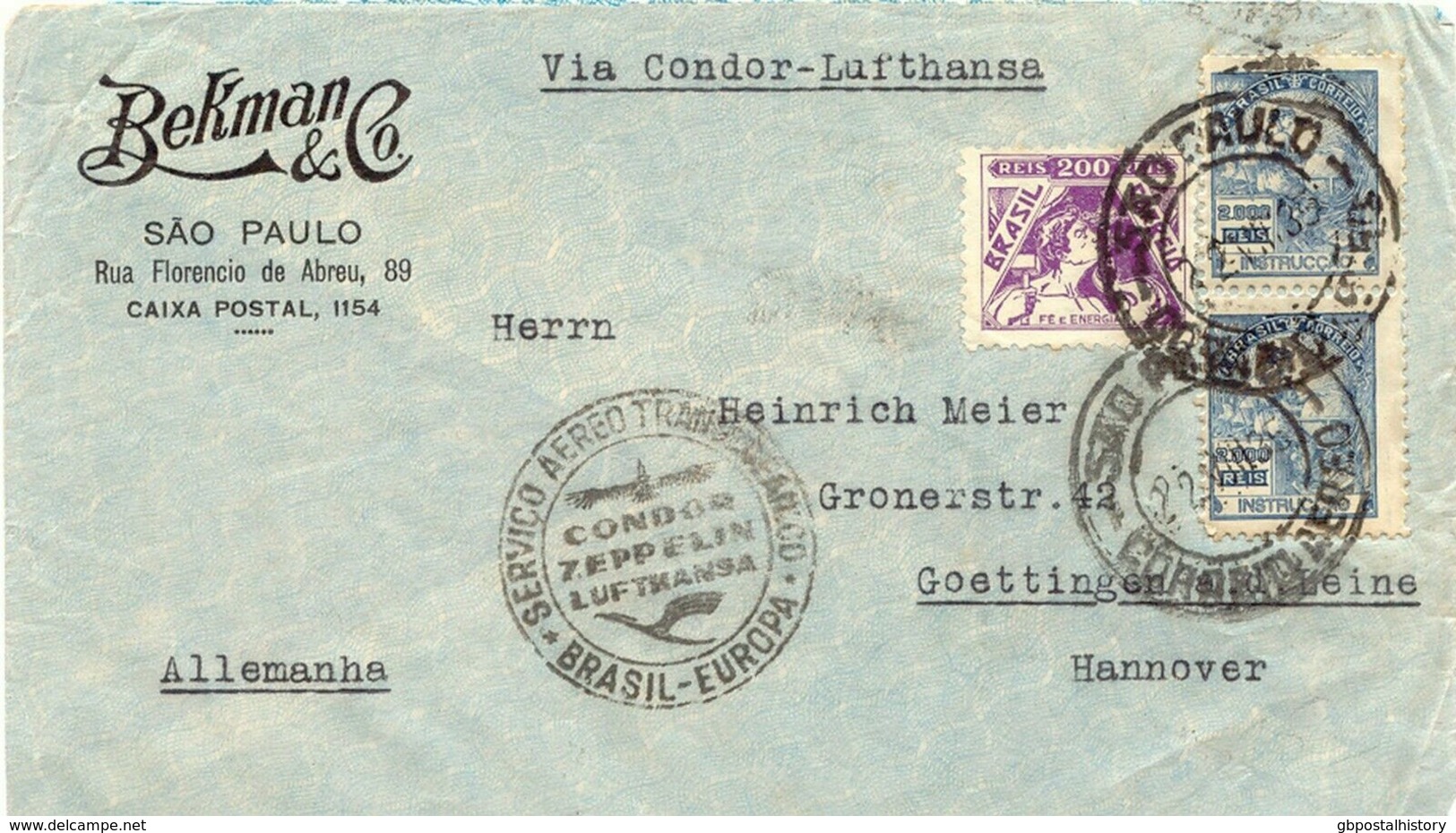 BRAZIL 1935 200 R + 2000 R (2x) VF Airmail-cover With CONDOR-ZEPPELIN-LUFTHANSA - Luftpost