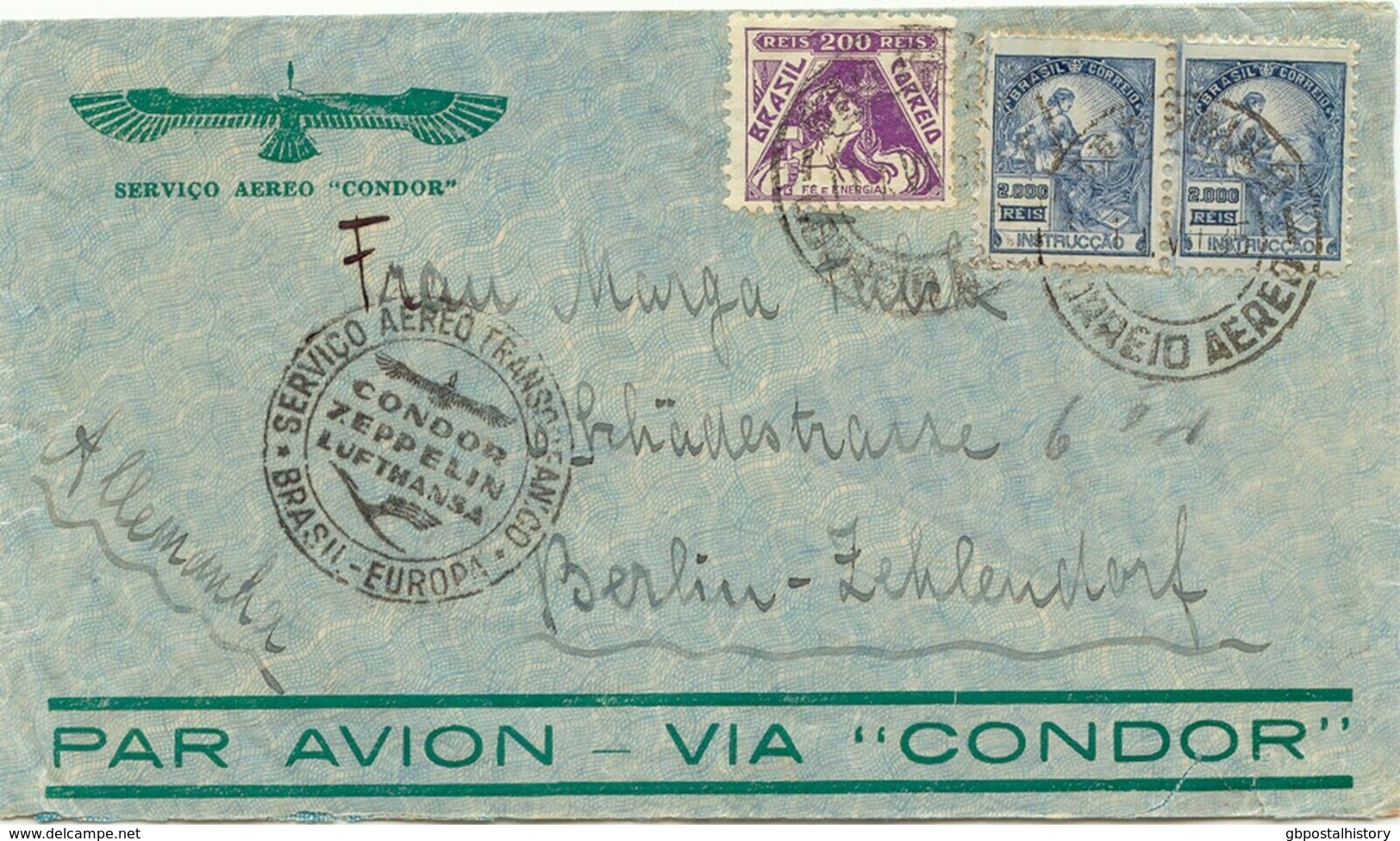 BRAZIL 1935 200 R + 2000 R (2x VARIETIES) SAO PAULO To BERLIN Airmail Via CONDOR - Airmail