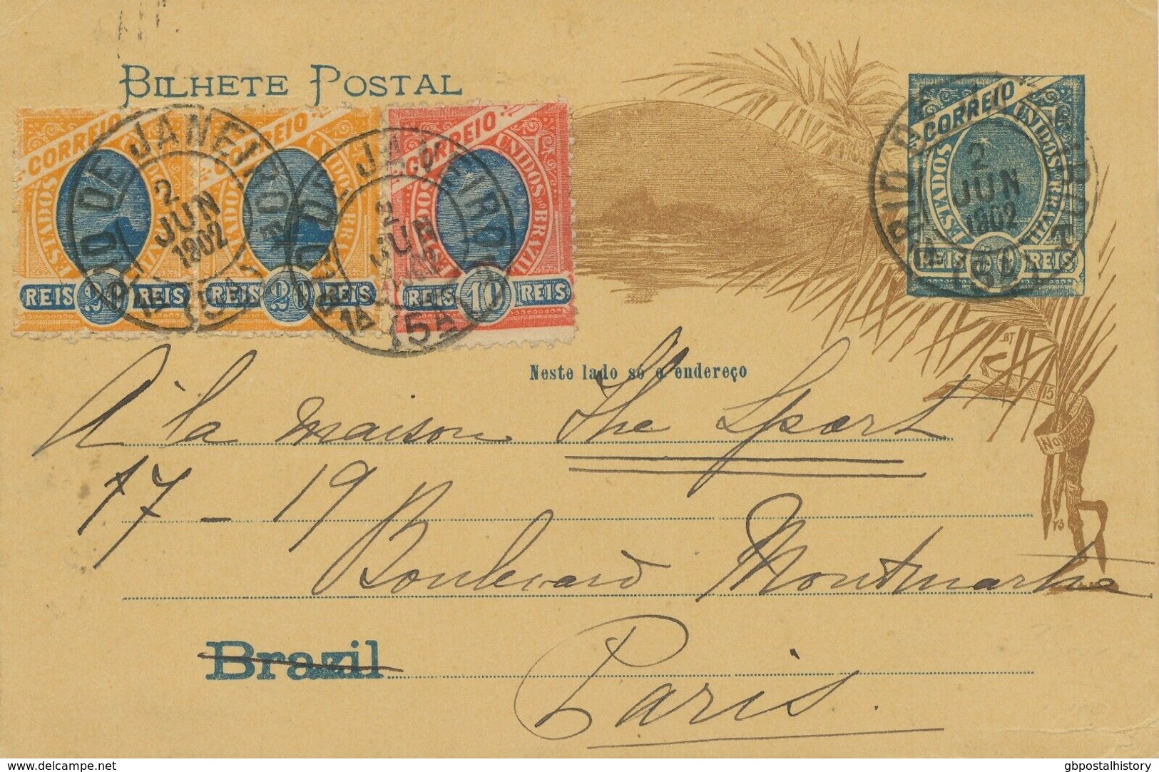 BRAZIL 1902 Sugarloaf Rio Bay 50 R Blue Uprated Postal Stationery Postcard PARIS - Covers & Documents