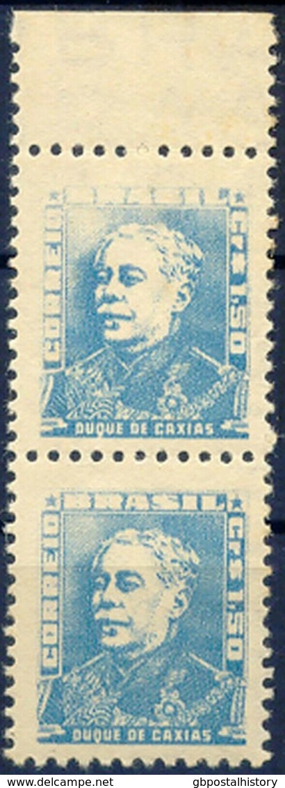 BRAZIL 1954 Duke Of Caxias 1.50 Cr. Light Blue U/M Pair VARIETY: MISSING COLOR - Ongebruikt