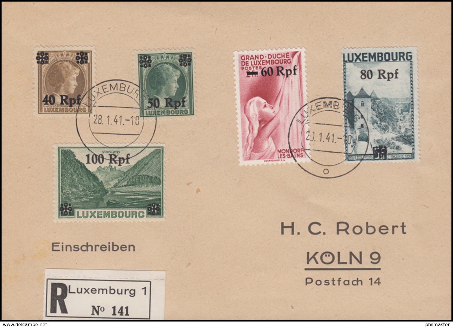 Luxemburg 28-32 Freimarken 40 Bis 100 RPf, 5 Werte, Auf R-Bf. LUXEMBURG 28.1.41 - Besetzungen 1938-45