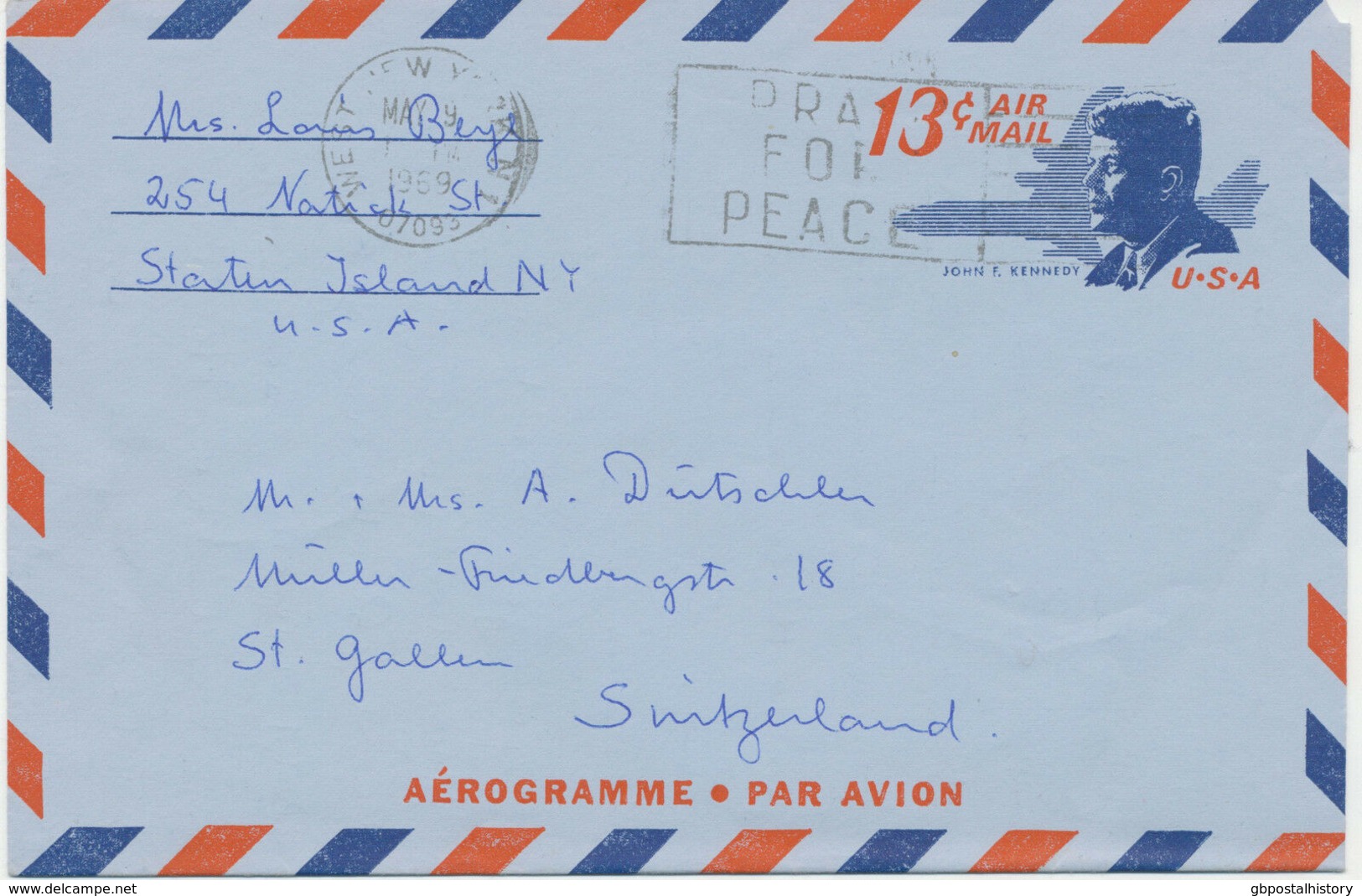 USA 1969 John F. Kennedy 13C Aerogramme WEST NEW YORK NY 07093 / PRAY FOR PEACE - 3c. 1961-... Brieven