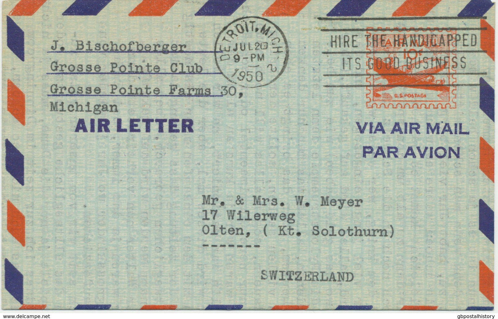 USA 1950 10C Aircraft Air Letter Slogan DETROIT.MICH / HIRE THE HANDICAPPED ITS - 2c. 1941-1960 Covers