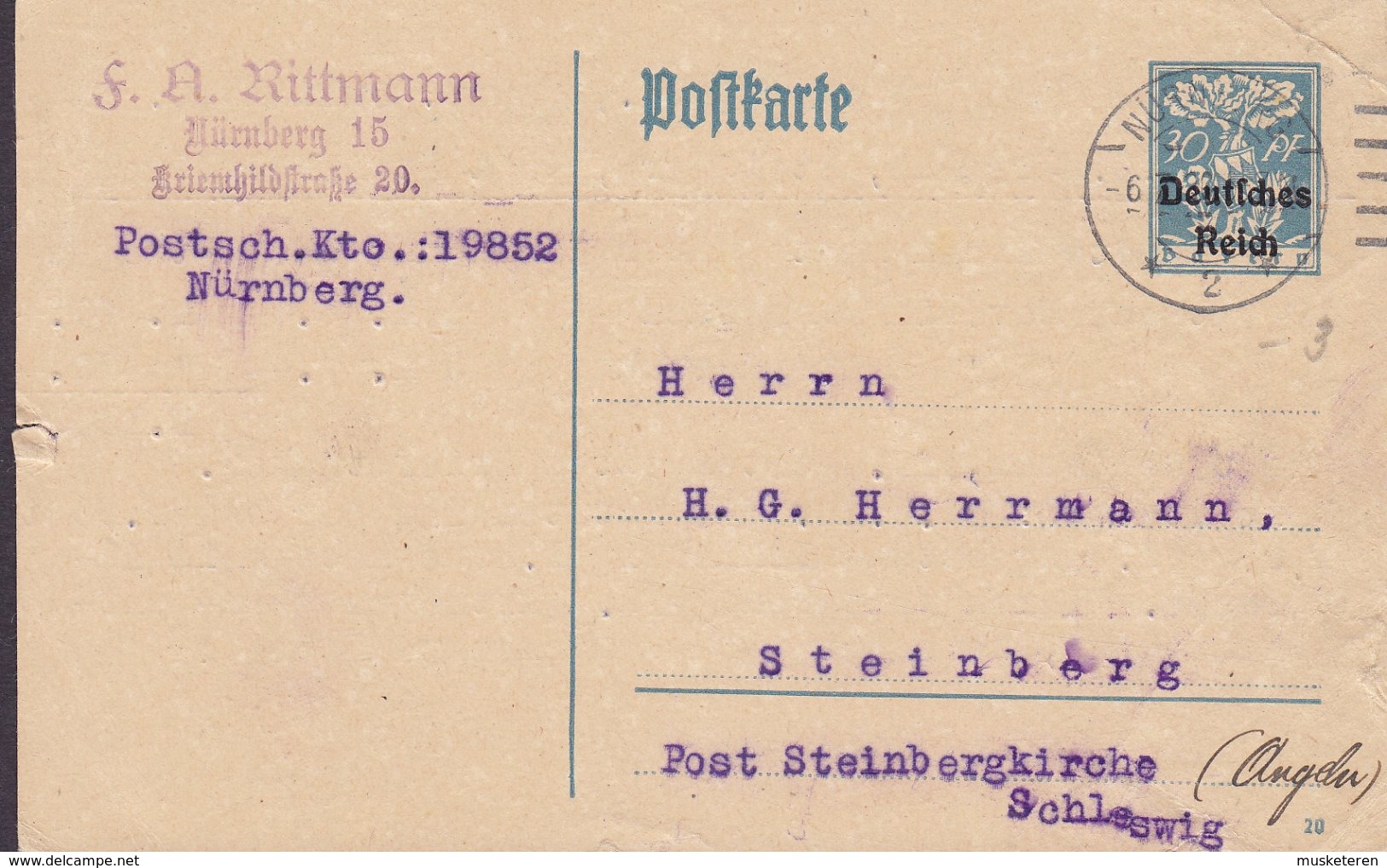 Deutsches Reich Postal Stationery Ganzsache BAYERN M. Aufdruck NÜRNBERG 1920 STEINBERG Holstein - Postkarten