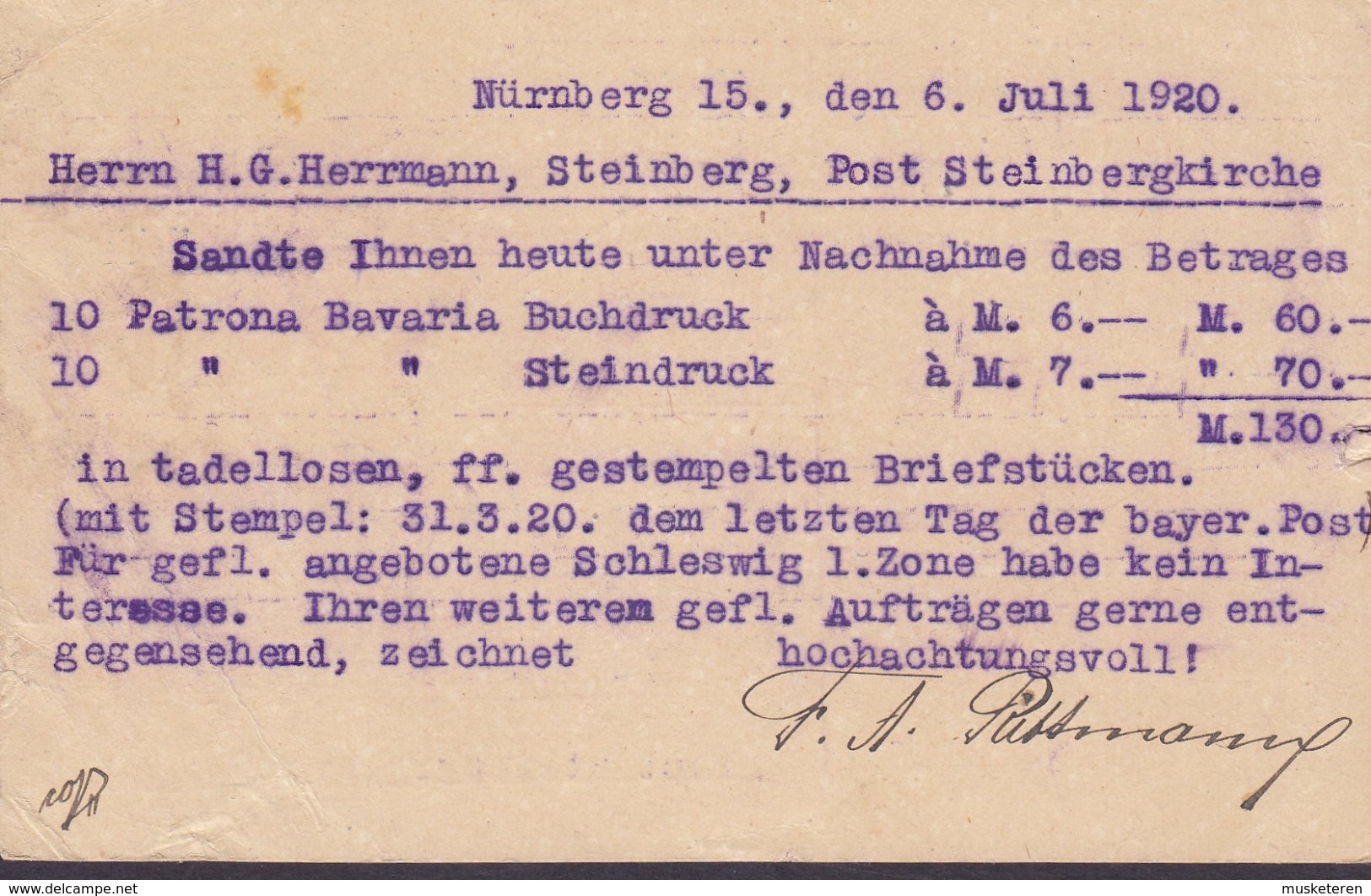 Deutsches Reich Postal Stationery Ganzsache BAYERN M. Aufdruck NÜRNBERG 1920 STEINBERG Holstein - Postkarten