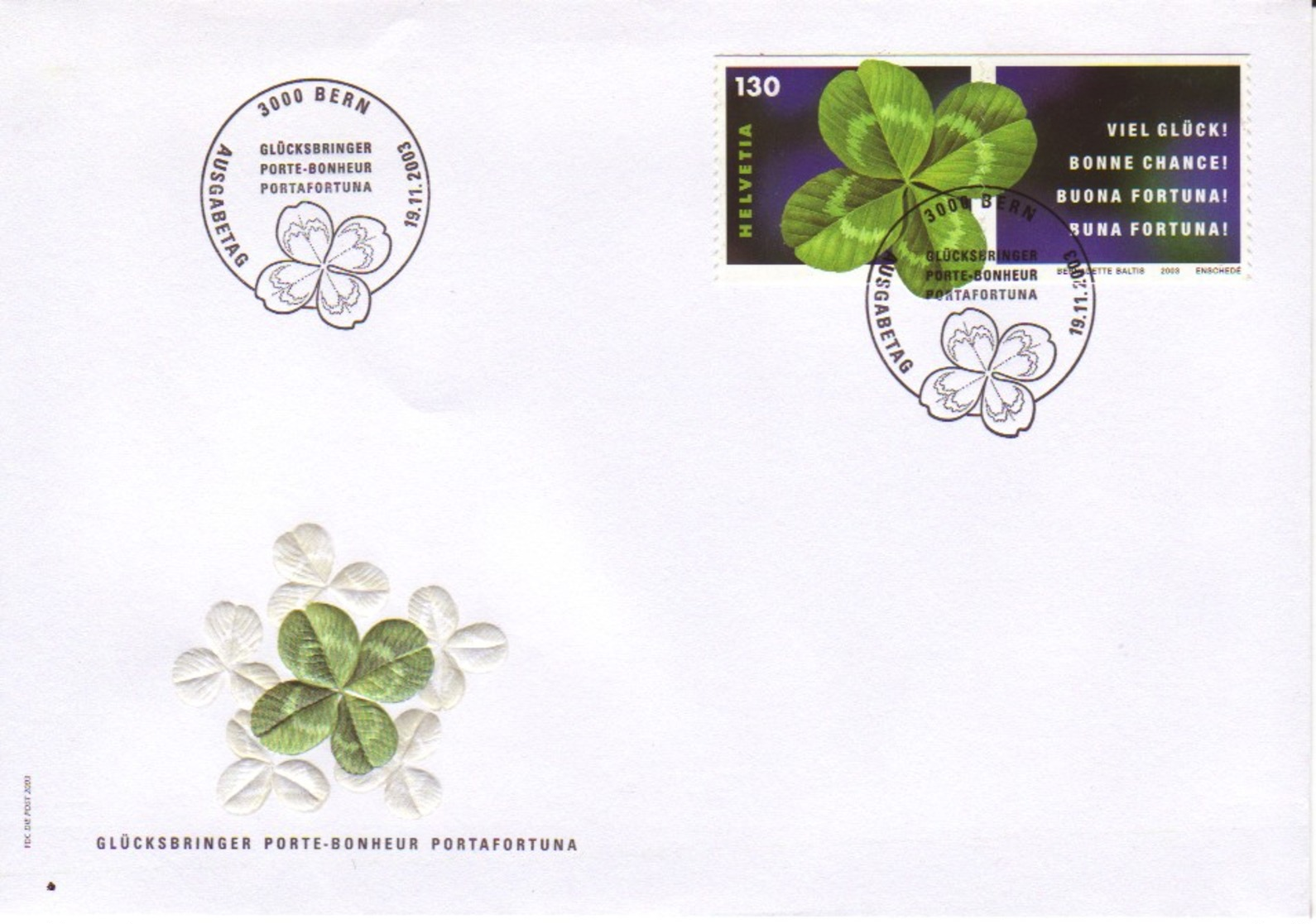 SUISSE :  2003 - FDC  -  Viel Glück ! Bonne Chance ! Buona Fortuna ! Buna Fortuna ! Trèfle à 4 Feuilles - FDC