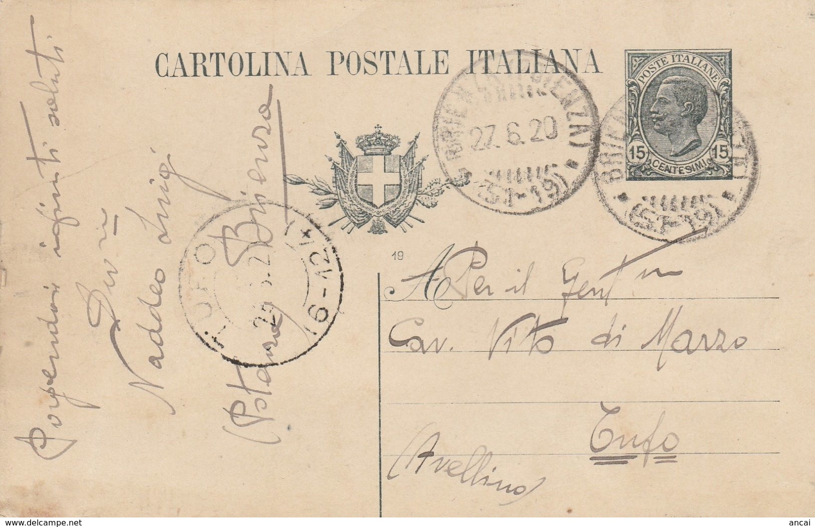 Brienza. 1920. Annullo Frazionario BRIENZA (POTENZA) (51 - 19), Su Cartolina Postale Completa Di Testo - Marcofilie