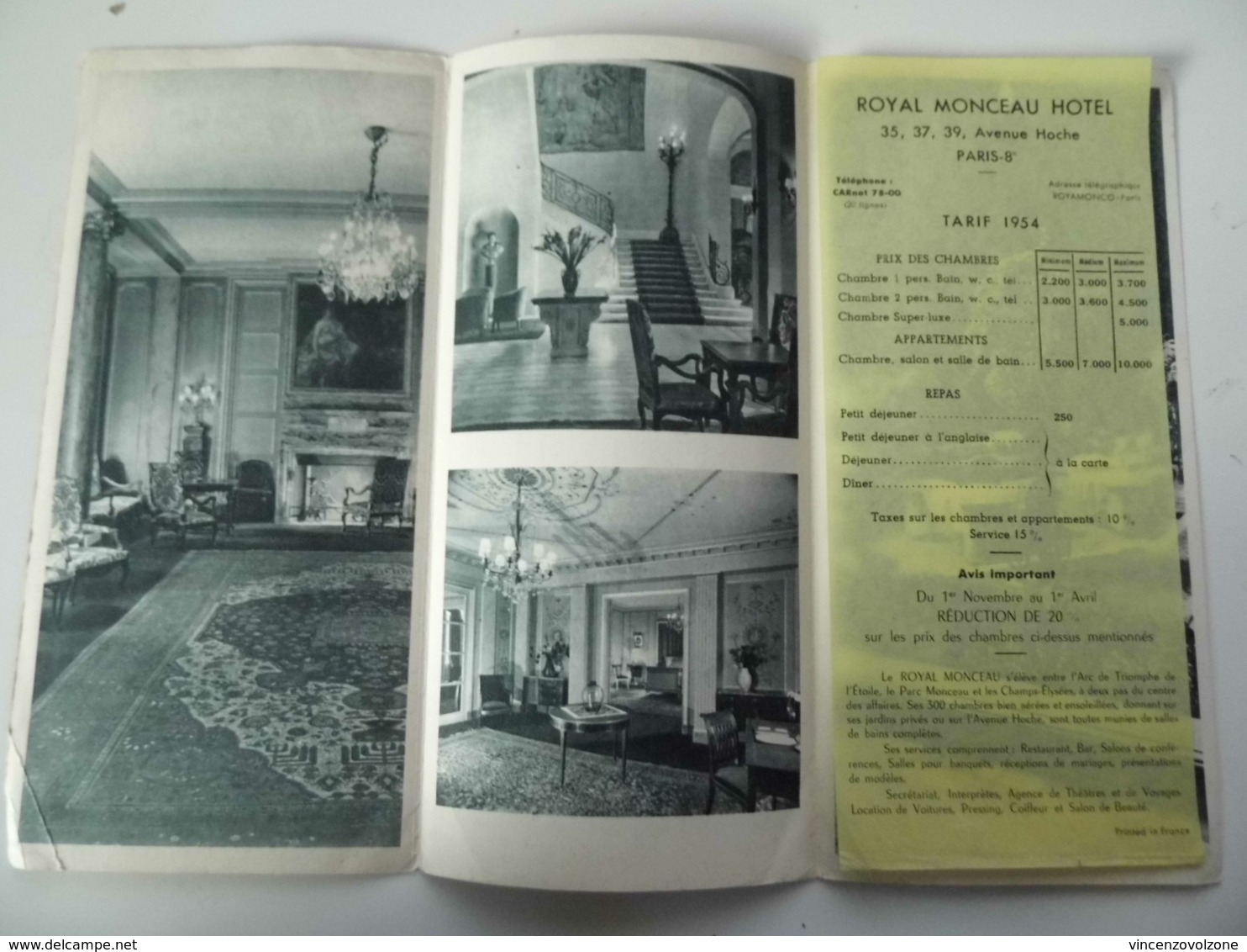Pieghevole Pubblicitario "PARIS ROYAL MONCEAU  HOTEL TARIF 1954" - Dépliants Turistici