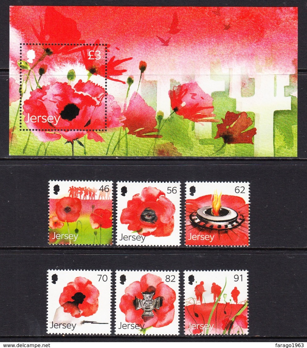 2014 Jersey World War I Poppies  Complete Set Of 6 + Souvenir Sheet MNH  @ 70% FACE VALUE - Jersey