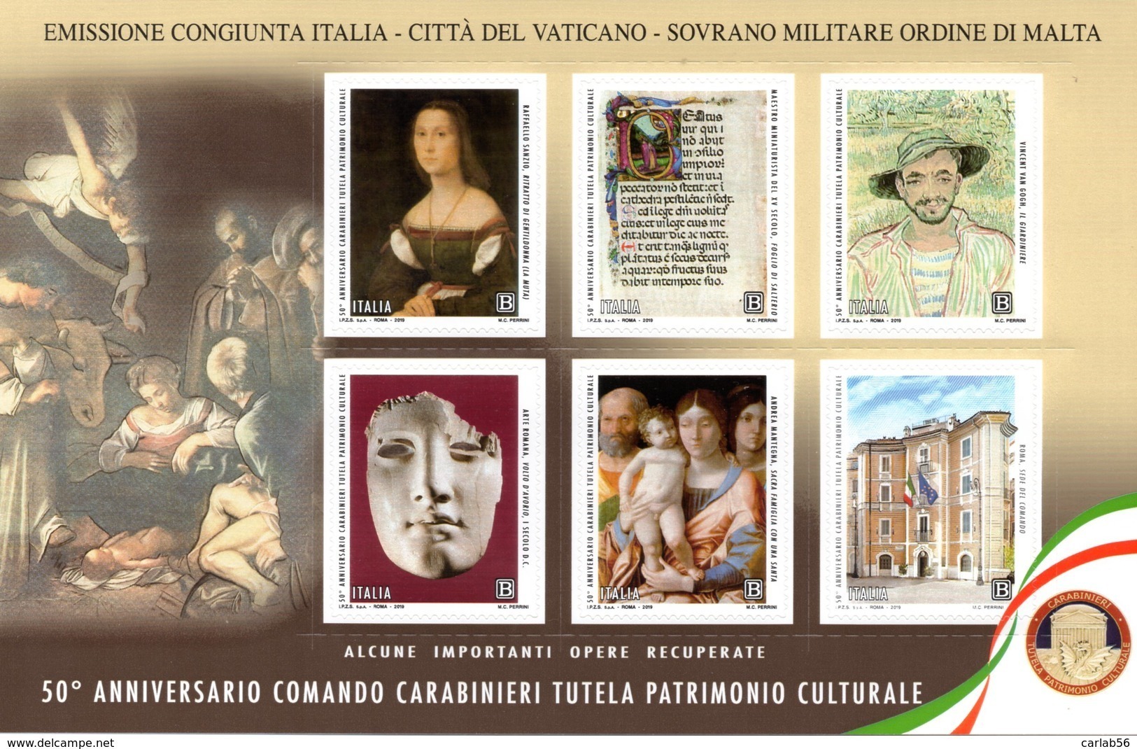 2 SERIE CPL ITALIA - VATICANO - SMOM 2019 - EMISSIONE CONGIUNTA - BF 50° COMANDO CARABINIERI TUTELA PATRIMONIO CULTURALE - 2011-20:  Nuovi